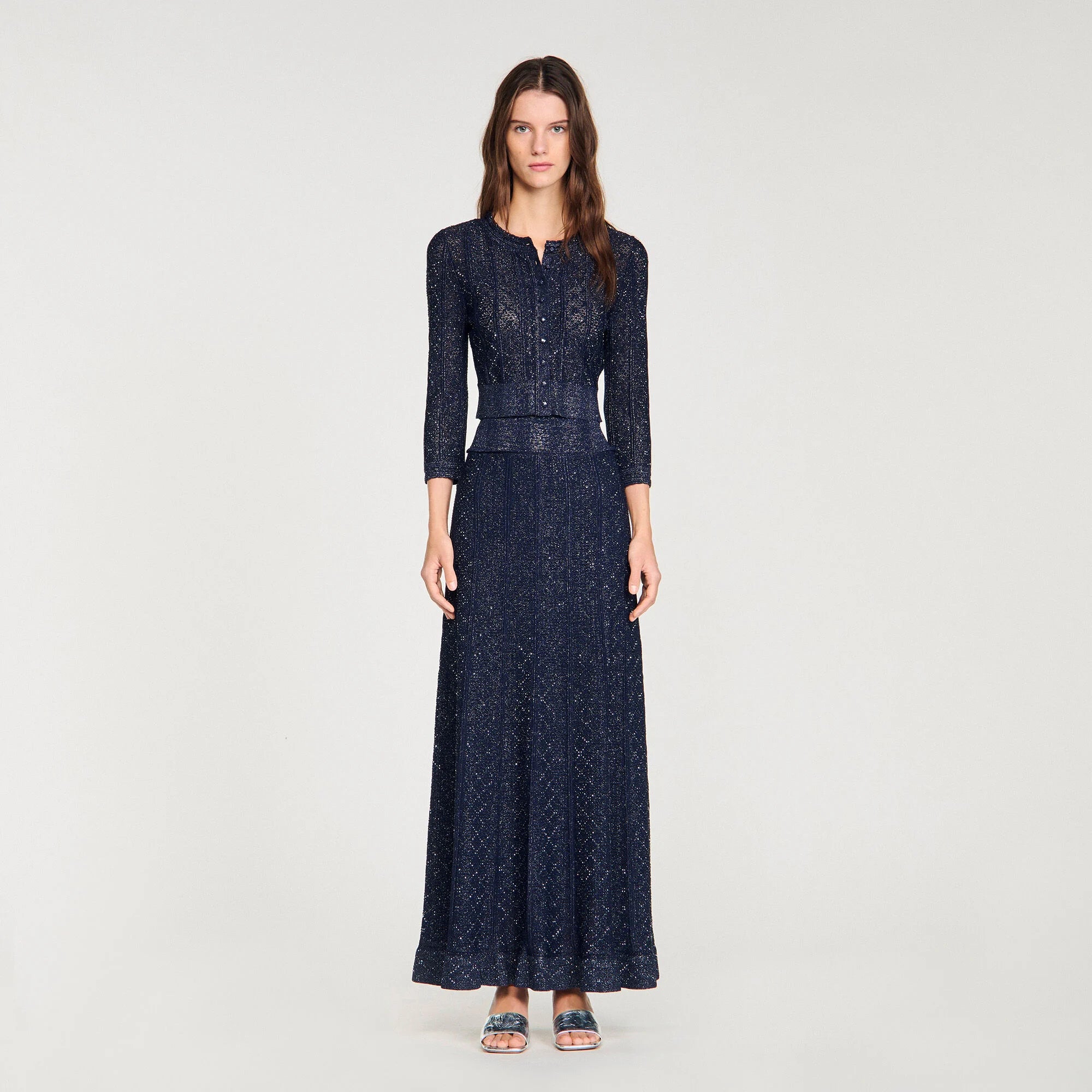 Leslie Rhinestone Knit Maxi Skirt Navy Blue