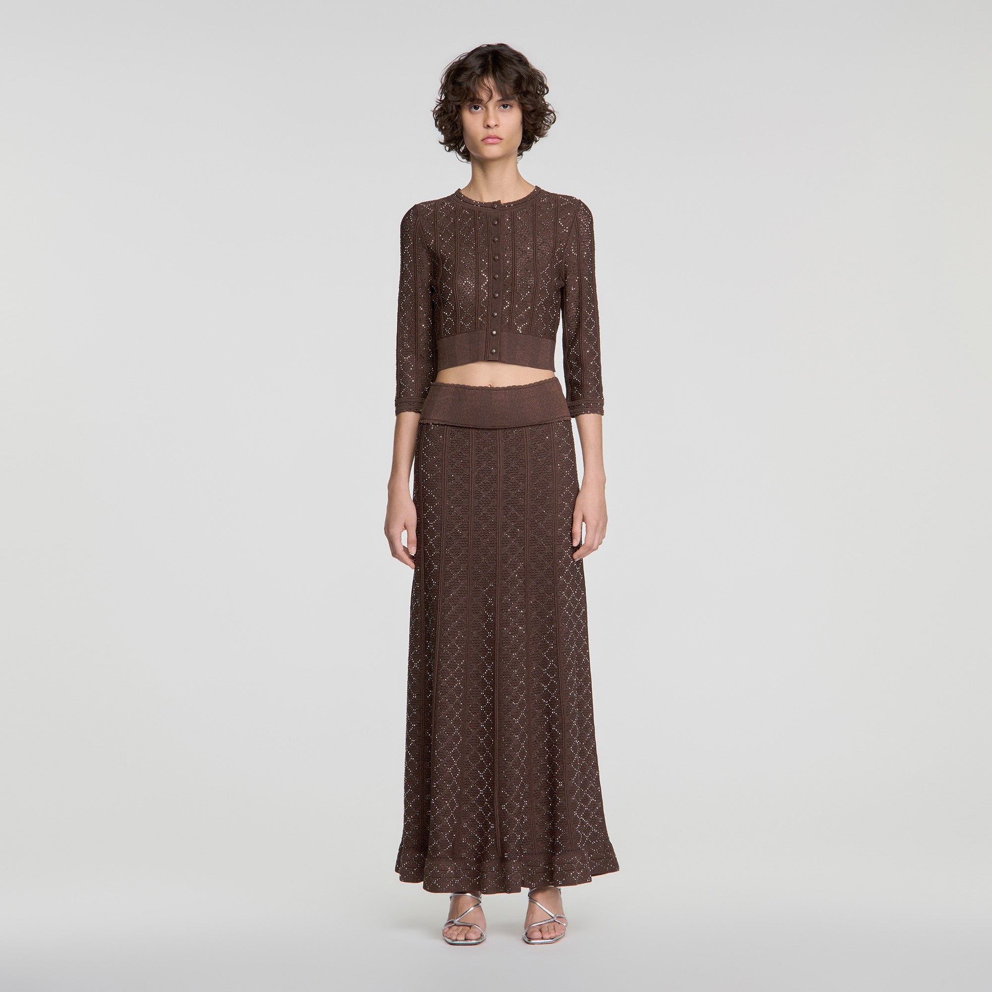 Leslie Long rhinestone knit skirt Brown