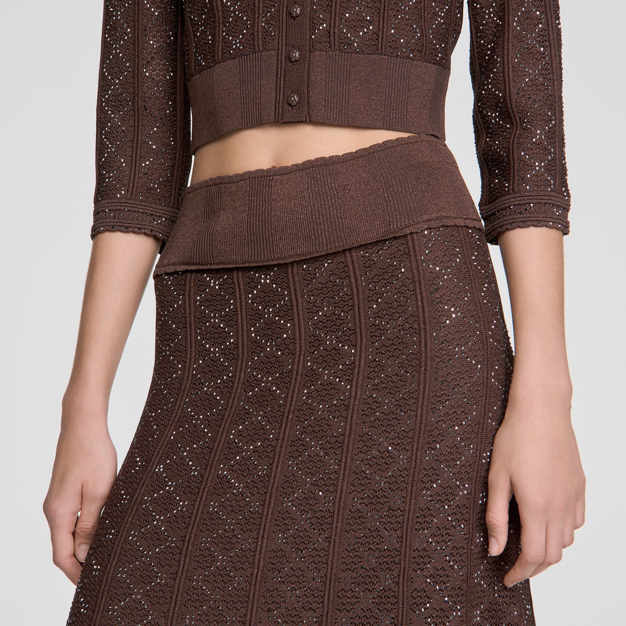 Leslie Long rhinestone knit skirt Brown