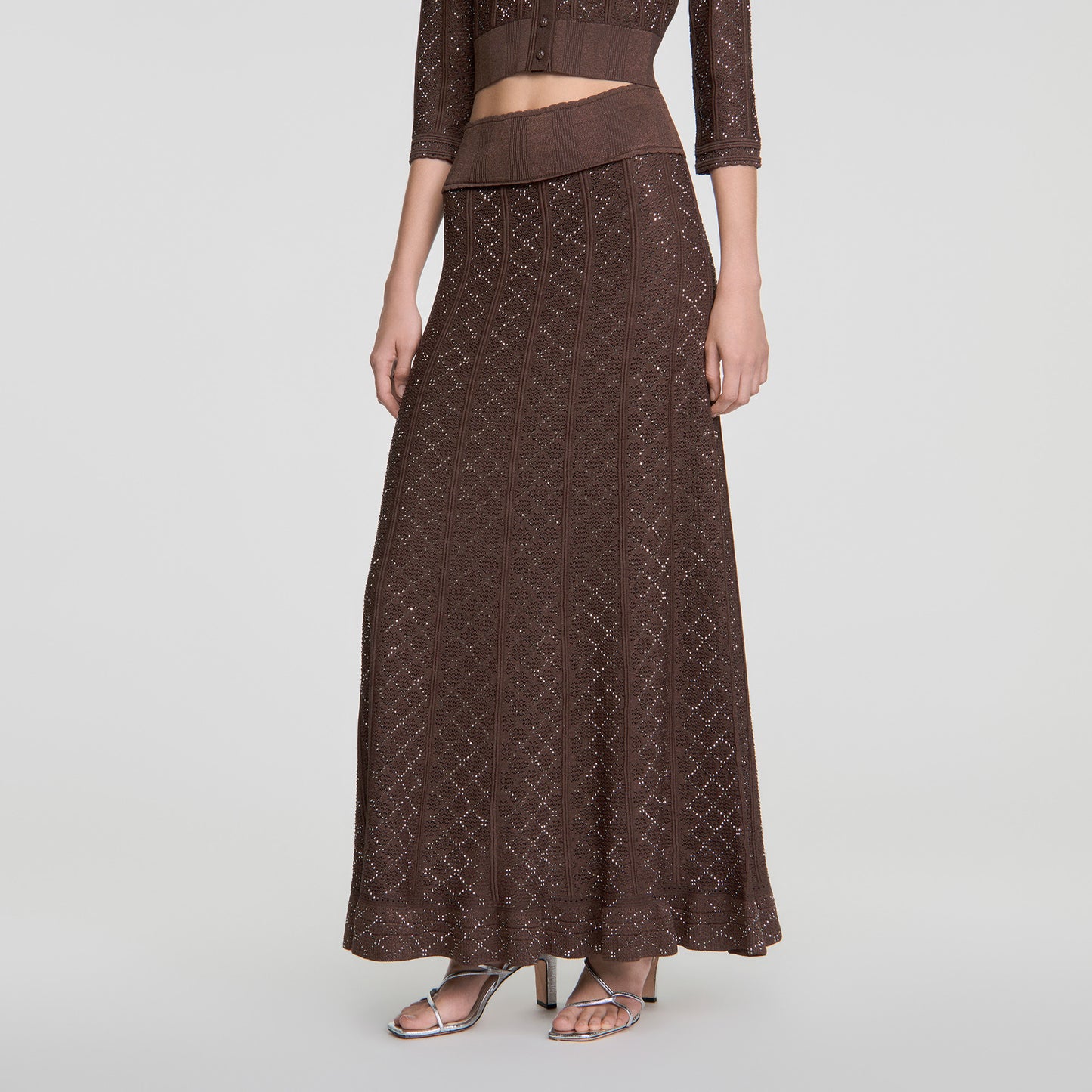 Leslie Long rhinestone knit skirt Brown