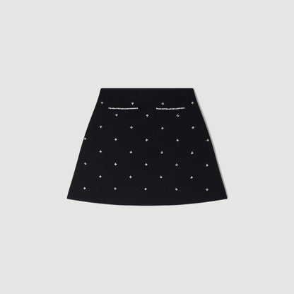 Lydie Rhinestone Embroidered Knit Skirt Black