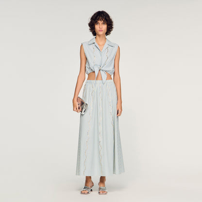 Lucia Rhinestone Striped Long Skirt Blue