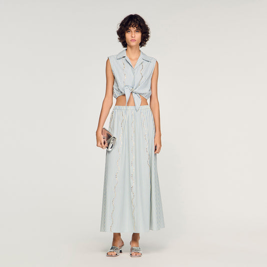 Lucia Rhinestone Striped Long Skirt Blue