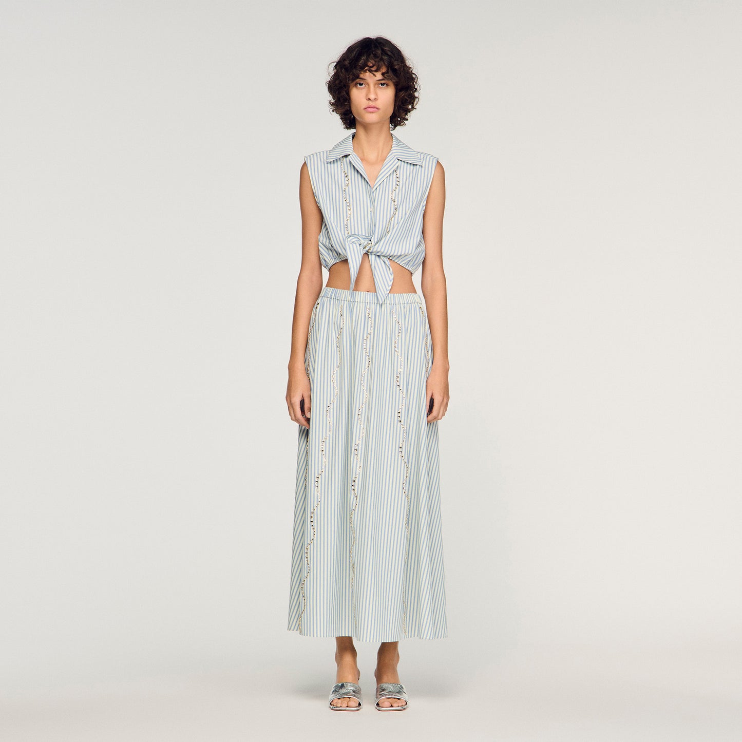 Lucia Rhinestone Striped Long Skirt Blue