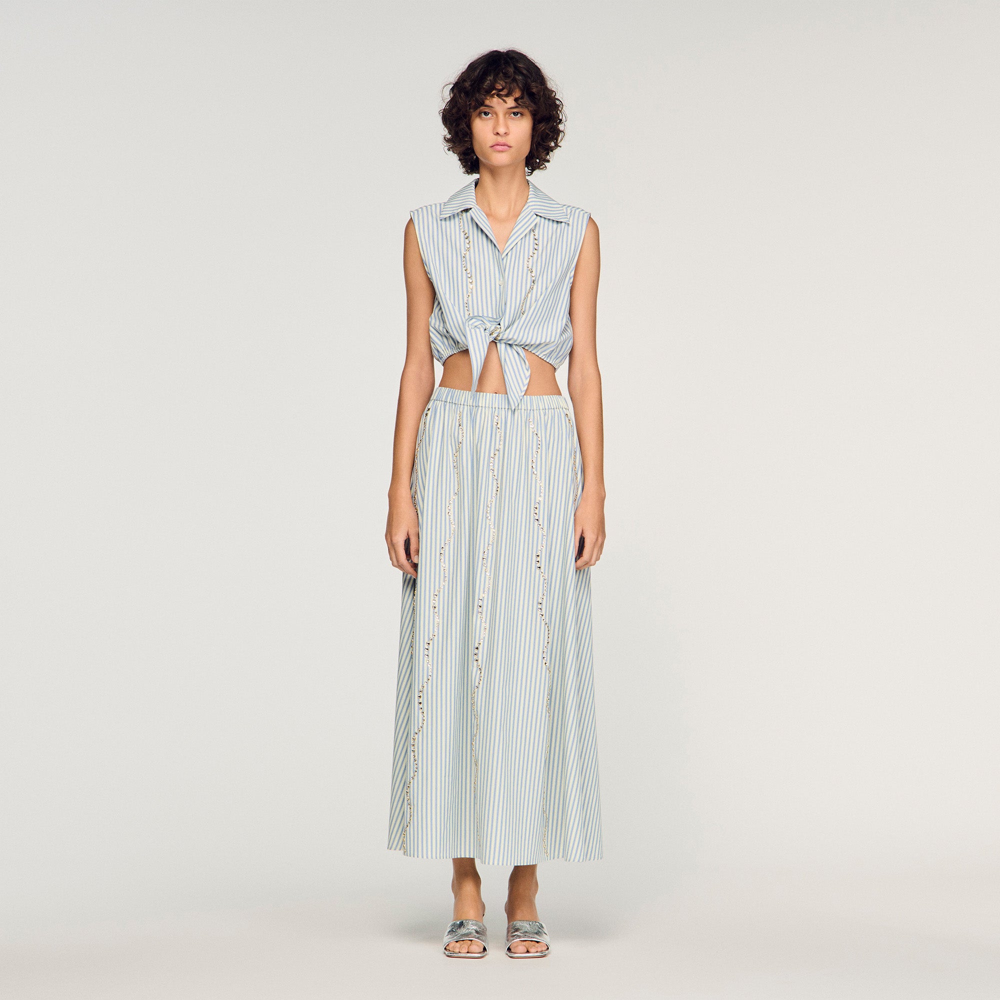 Lucia Rhinestone Striped Long Skirt Blue