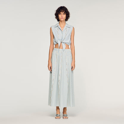 Lucia Rhinestone Striped Long Skirt Blue