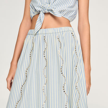 Lucia Rhinestone Striped Long Skirt Blue