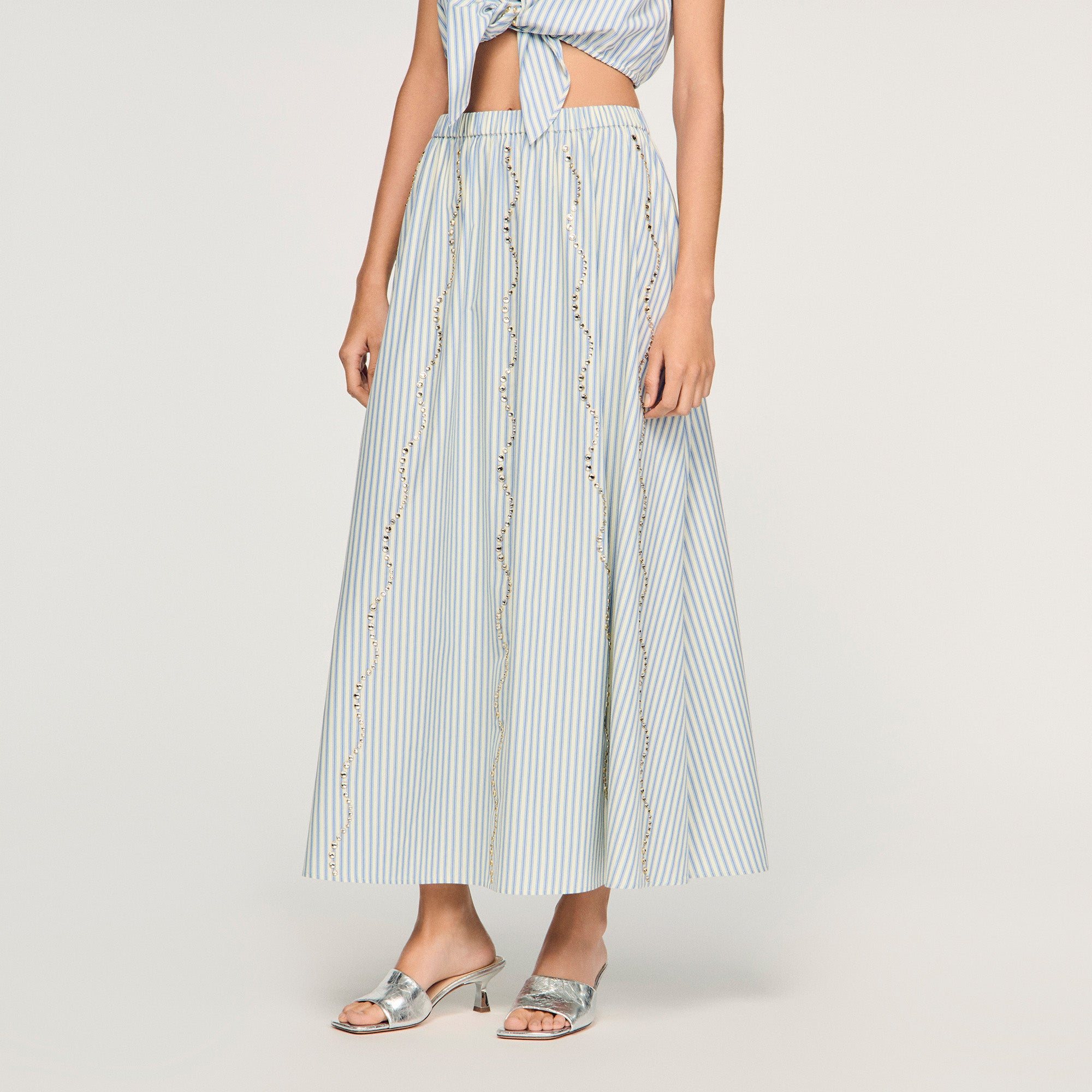 Lucia Rhinestone Striped Long Skirt Blue