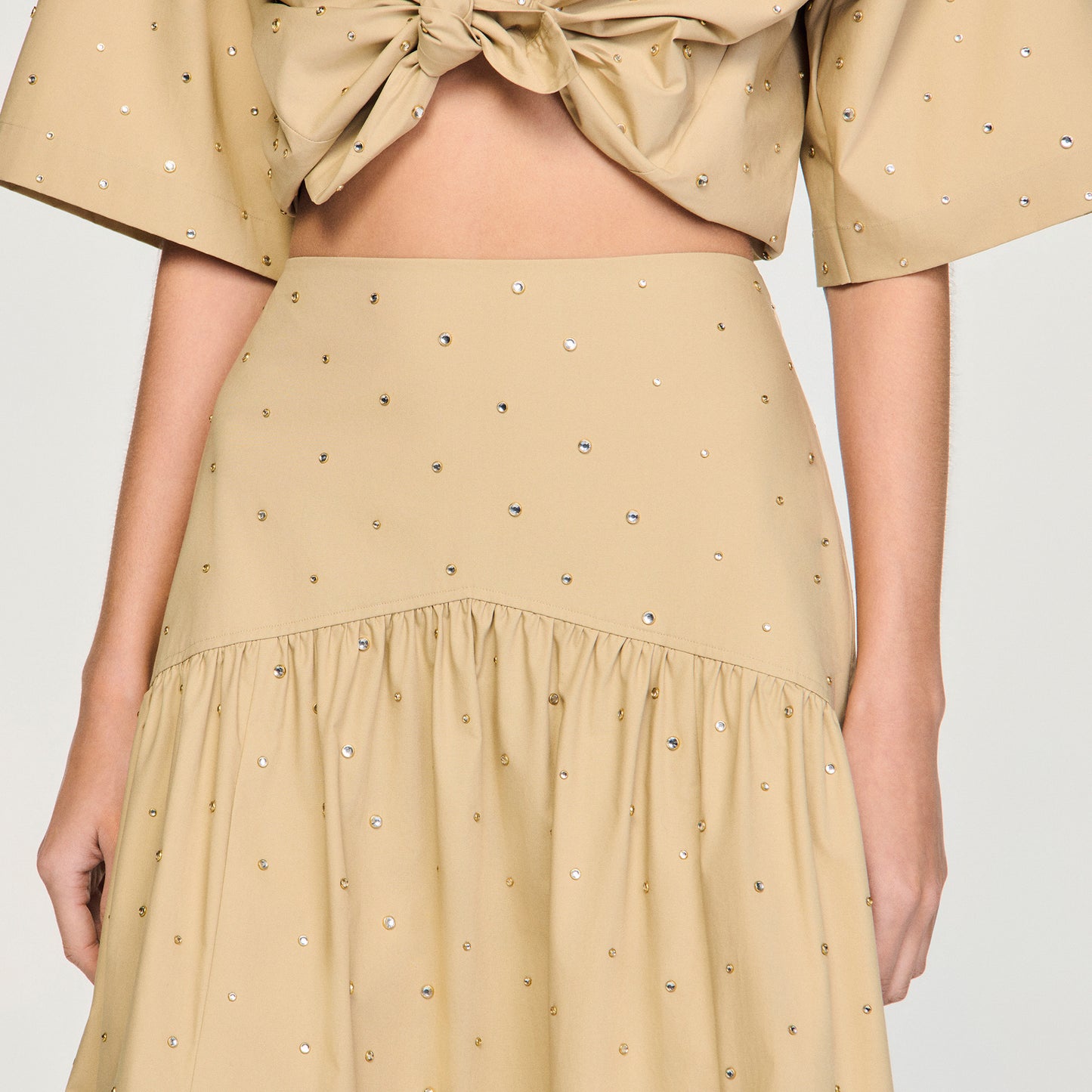 Brasilia Long Rhinestone Cotton Skirt Beige