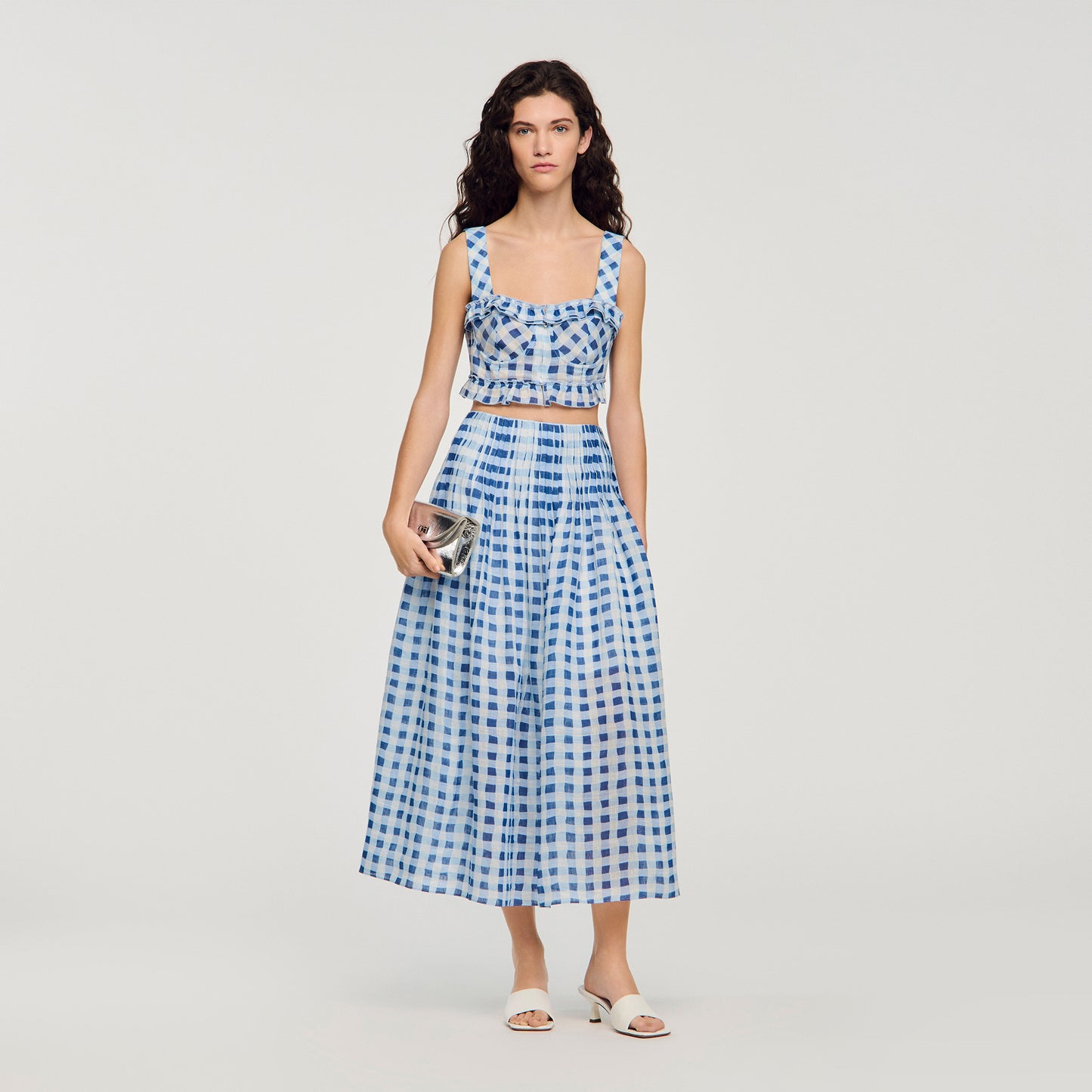 Poppy Long Gingham Linen Skirt BLU / WHITE