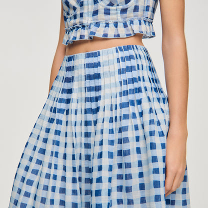 Poppy Long Gingham Linen Skirt BLU / WHITE