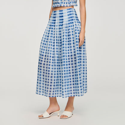 Poppy Long Gingham Linen Skirt BLU / WHITE