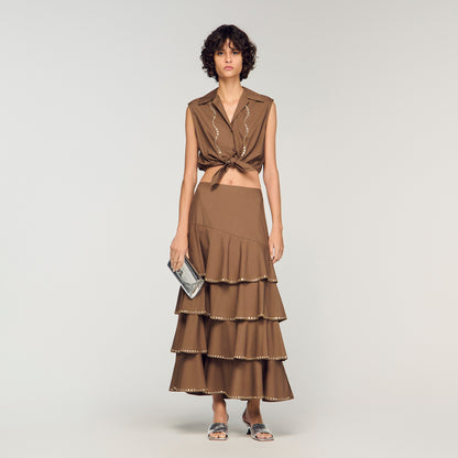 Long Ruffled Rhinestone Skirt Brown