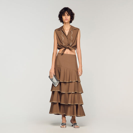 Telia Long Ruffled Rhinestone Skirt Brown