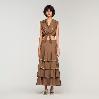 Long Ruffled Rhinestone Skirt Brown