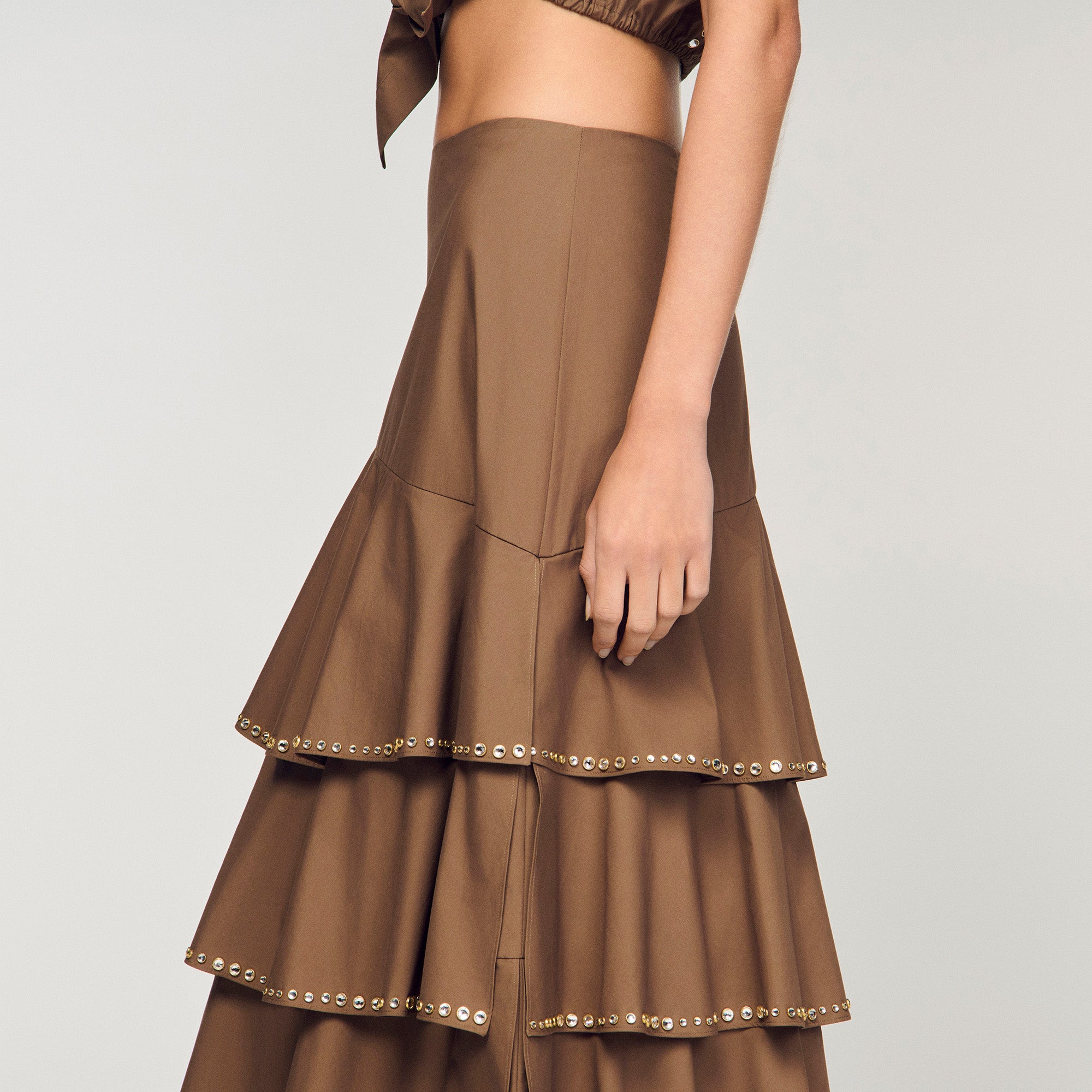 Long Ruffled Rhinestone Skirt Brown
