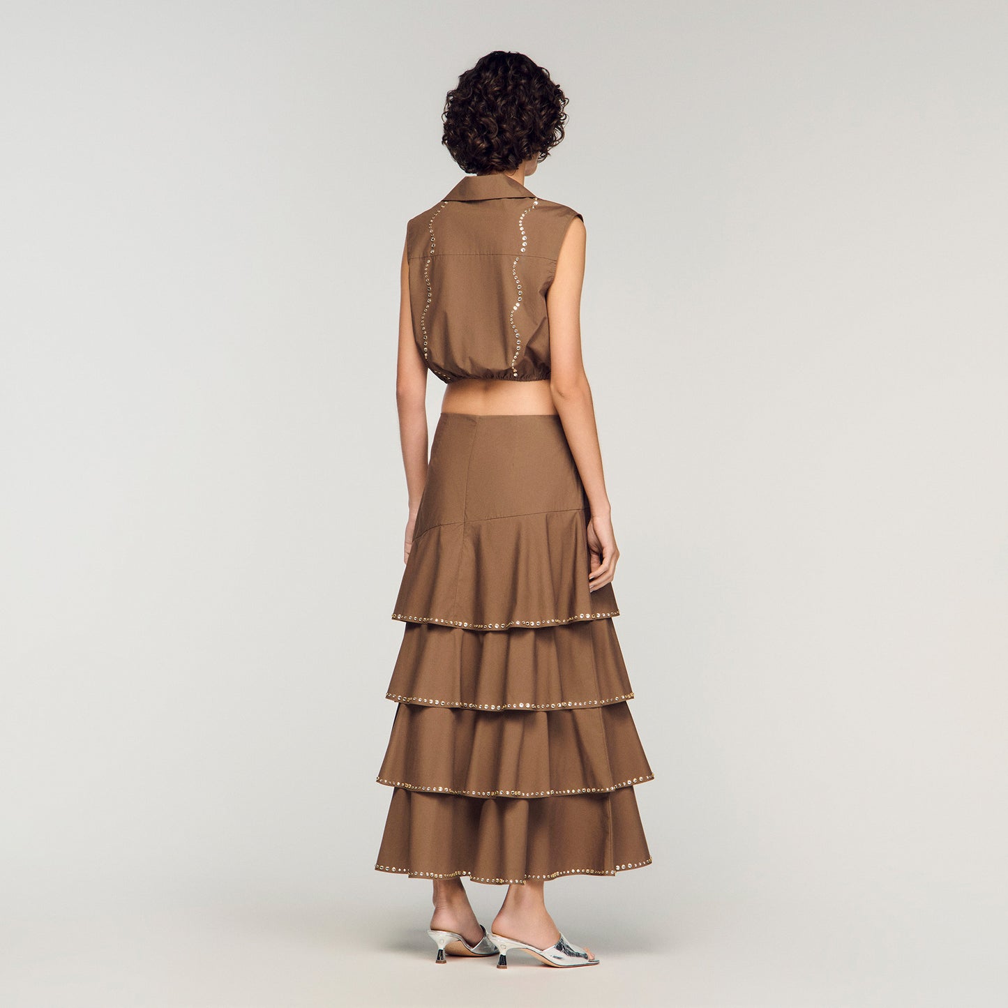 Long Ruffled Rhinestone Skirt Brown