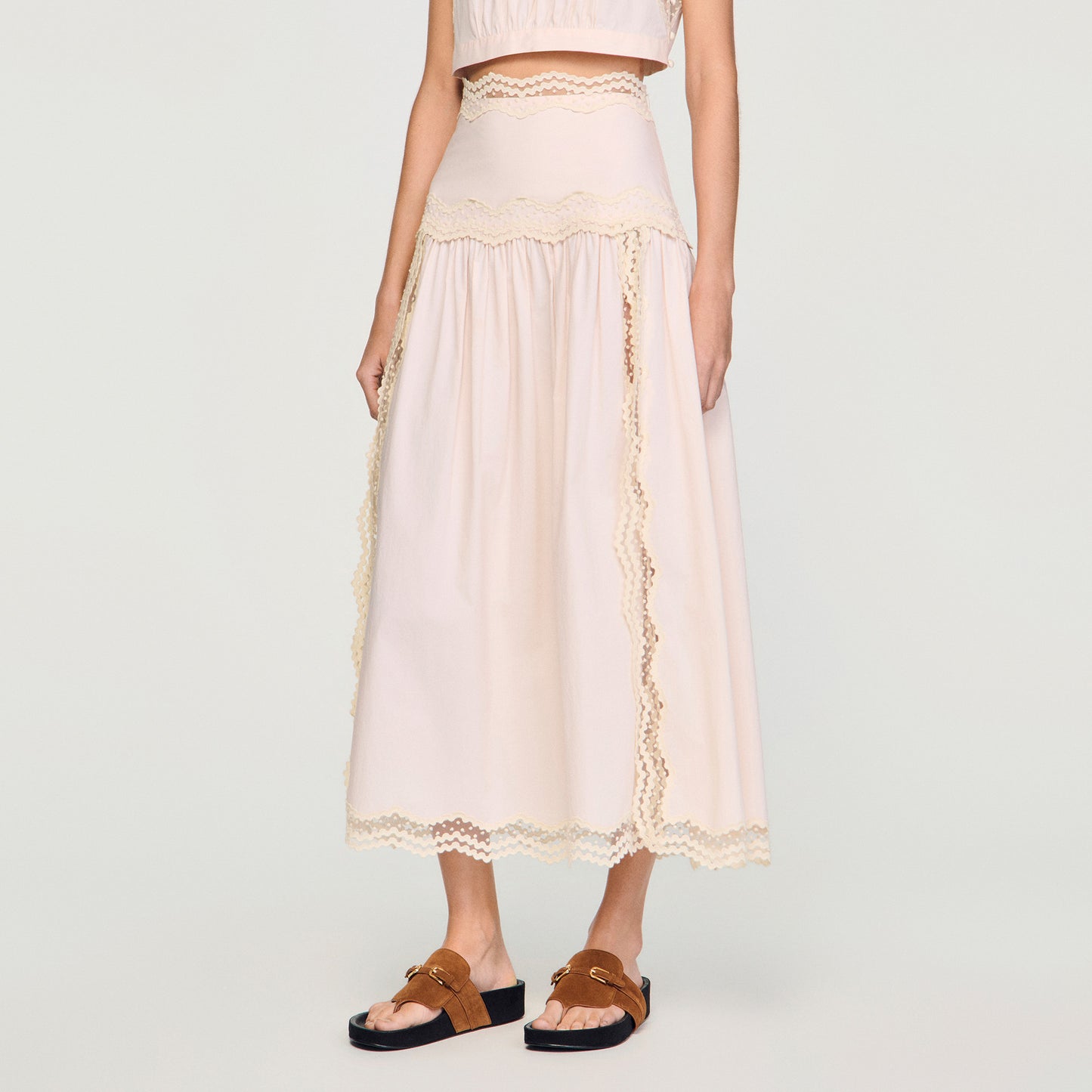Brune Long Cotton Skirt With Trim Light Pink