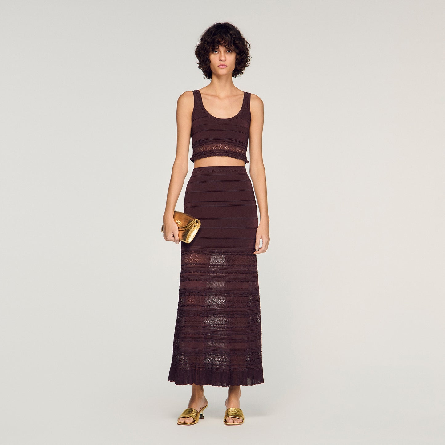 Andriane Pointelle Knit Maxi Skirt Brown
