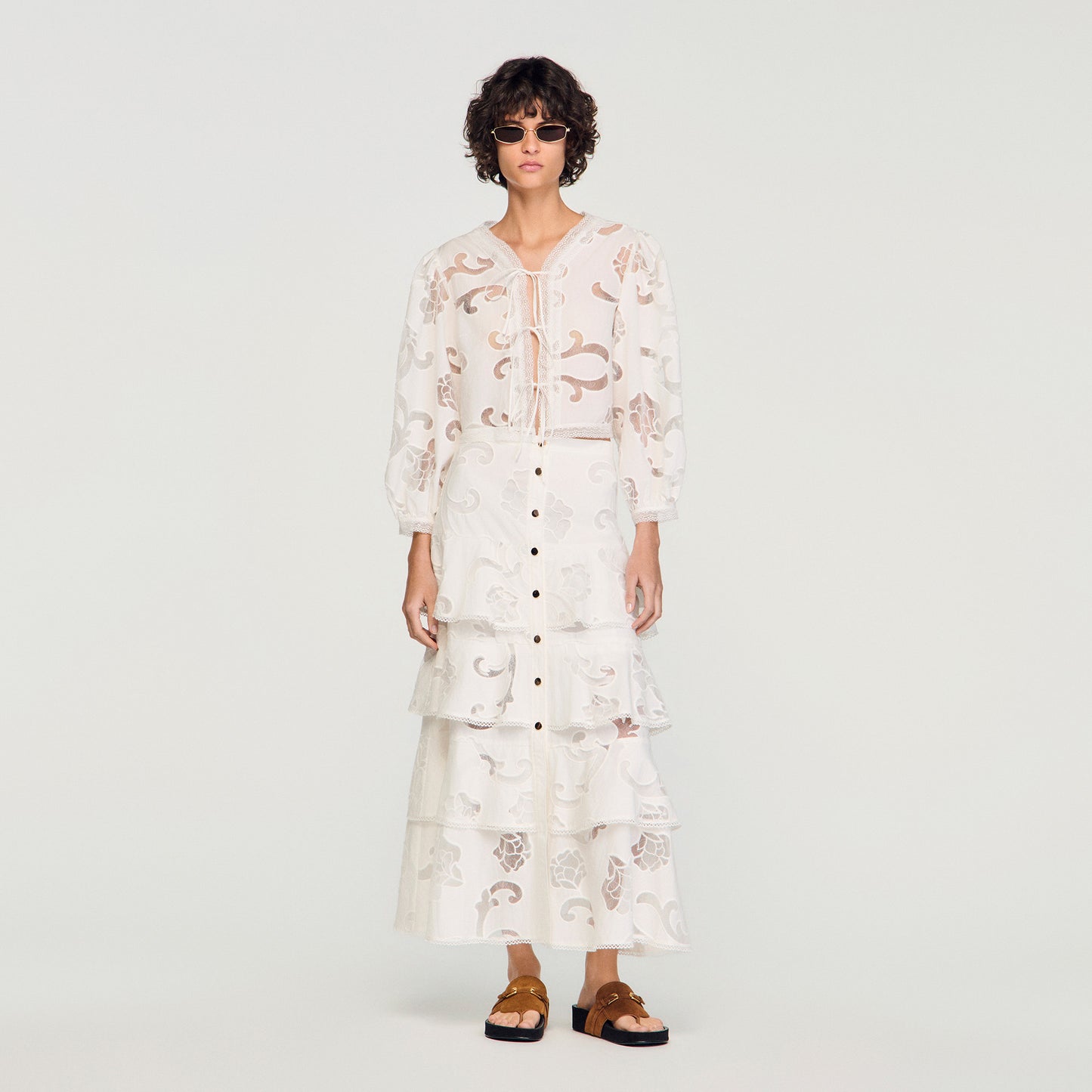 Lucienne Long Openwork Cotton Skirt Ecru