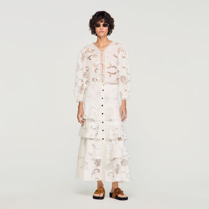 Lucienne Long Openwork Cotton Skirt Ecru