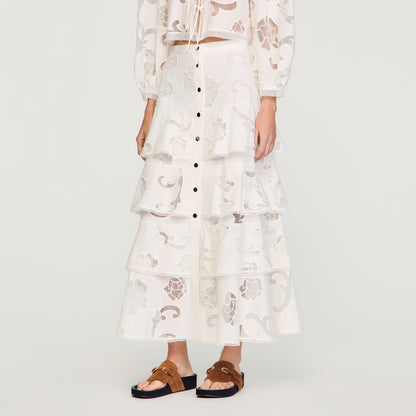 Lucienne Long Openwork Cotton Skirt Ecru