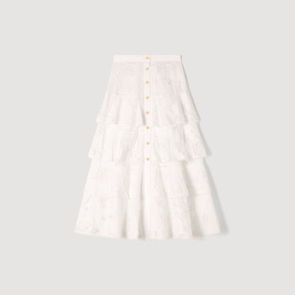 Lucienne Long Openwork Cotton Skirt Ecru