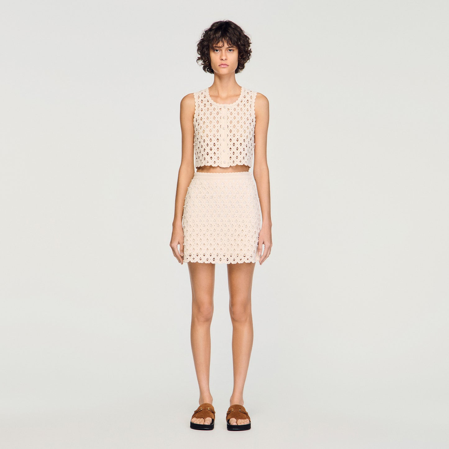 Lalita Short Beaded Crochet Skirt Ecru