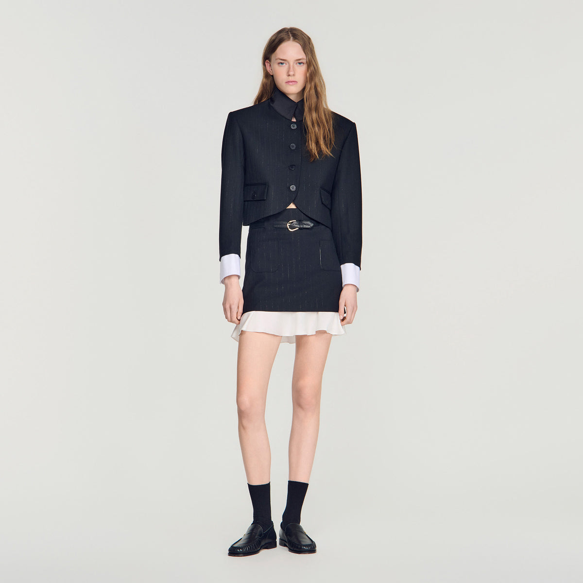 Olivandra Short striped ruffled skirt Black