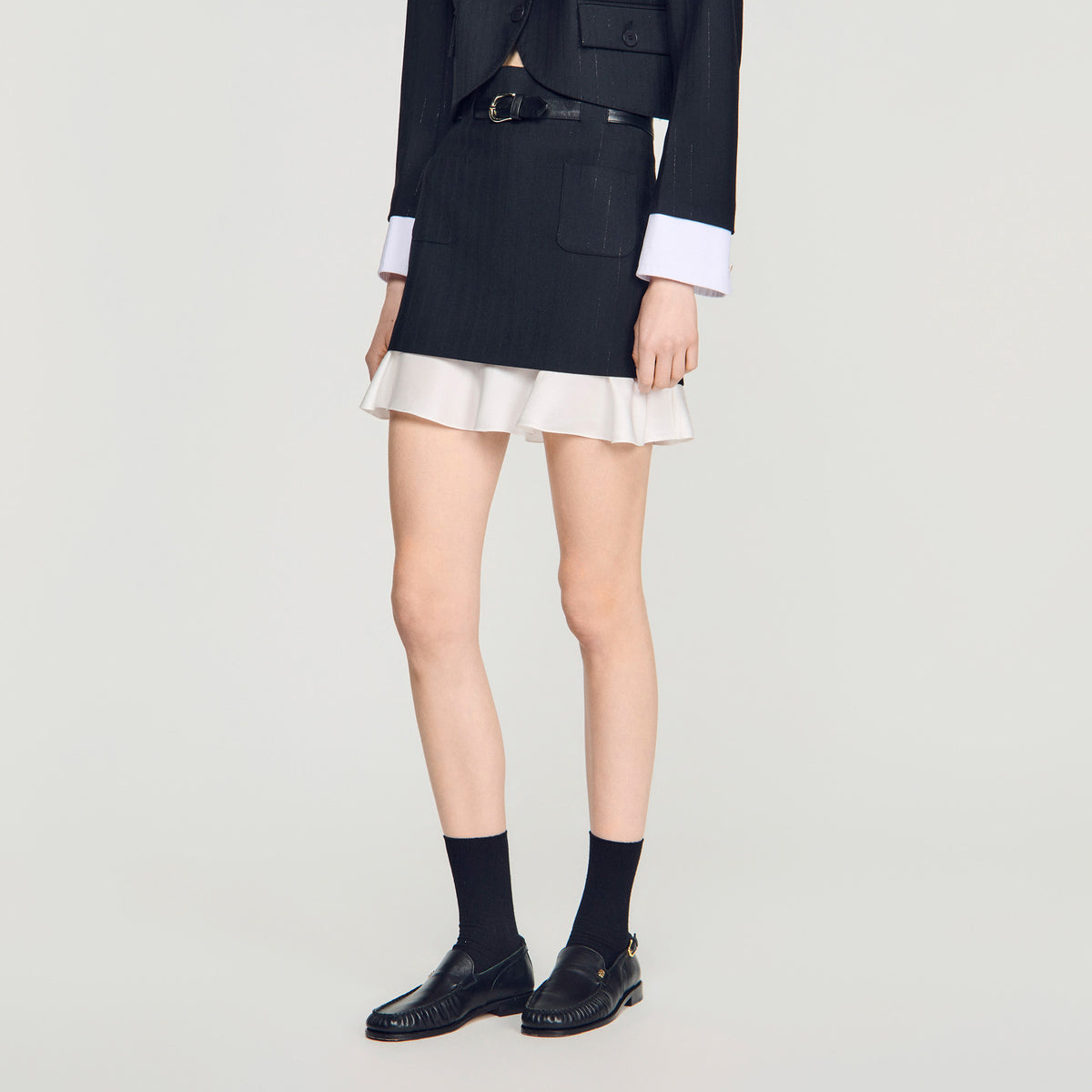 Olivandra Short striped ruffled skirt Black