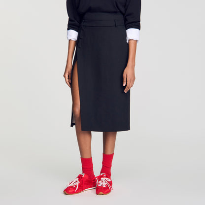 Rivermissa Mid-length slit wool skirt Black