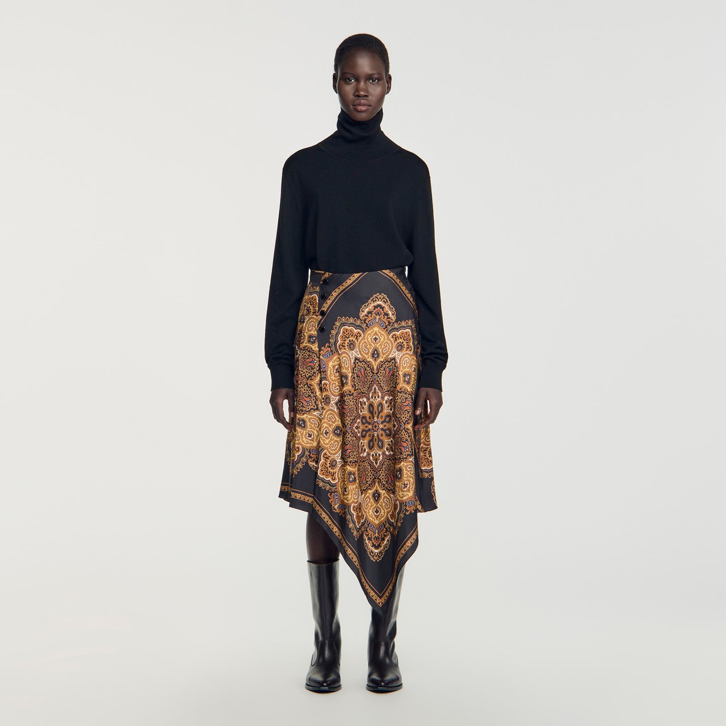 Portobello Asymmetrical scarf print skirt Black / Ocher
