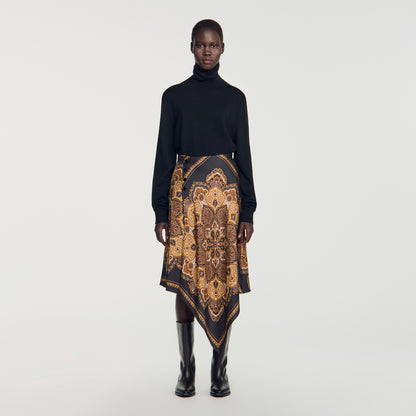 Portobello Asymmetrical scarf print skirt Black / Ocher