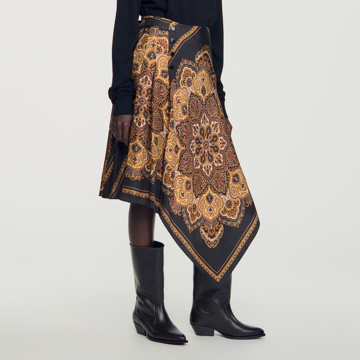 Portobello Asymmetrical scarf print skirt Black / Ocher
