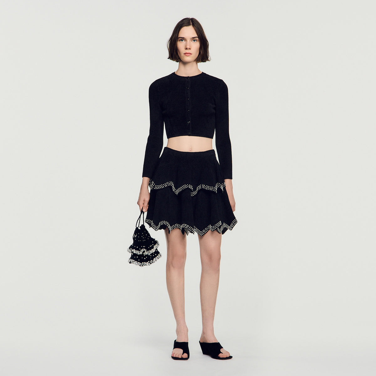 Perle Velvet Skater Skirt With Pearls Black