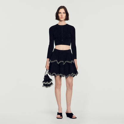 Perle Velvet Skater Skirt With Pearls Black