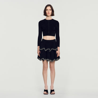 Perle Velvet Skater Skirt With Pearls Black
