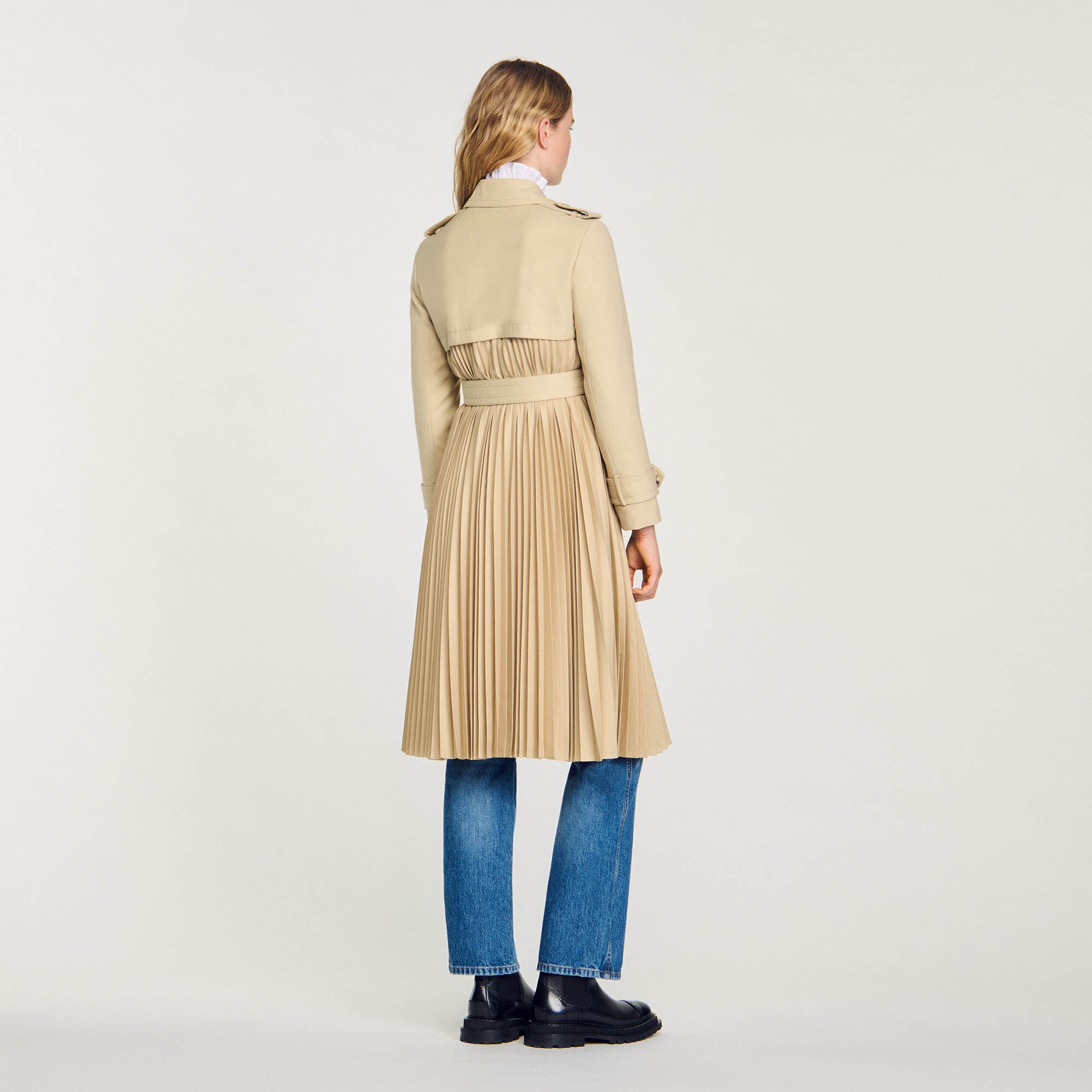 Pleated Trench Coat With Belt Beige