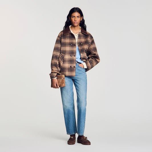 Mystic Check coat with leather collar Brown