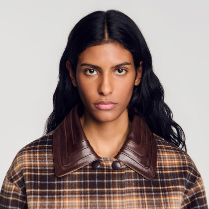 Mystic Check coat with leather collar Brown