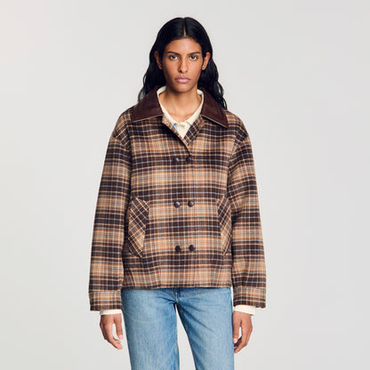 Mystic Check coat with leather collar Brown
