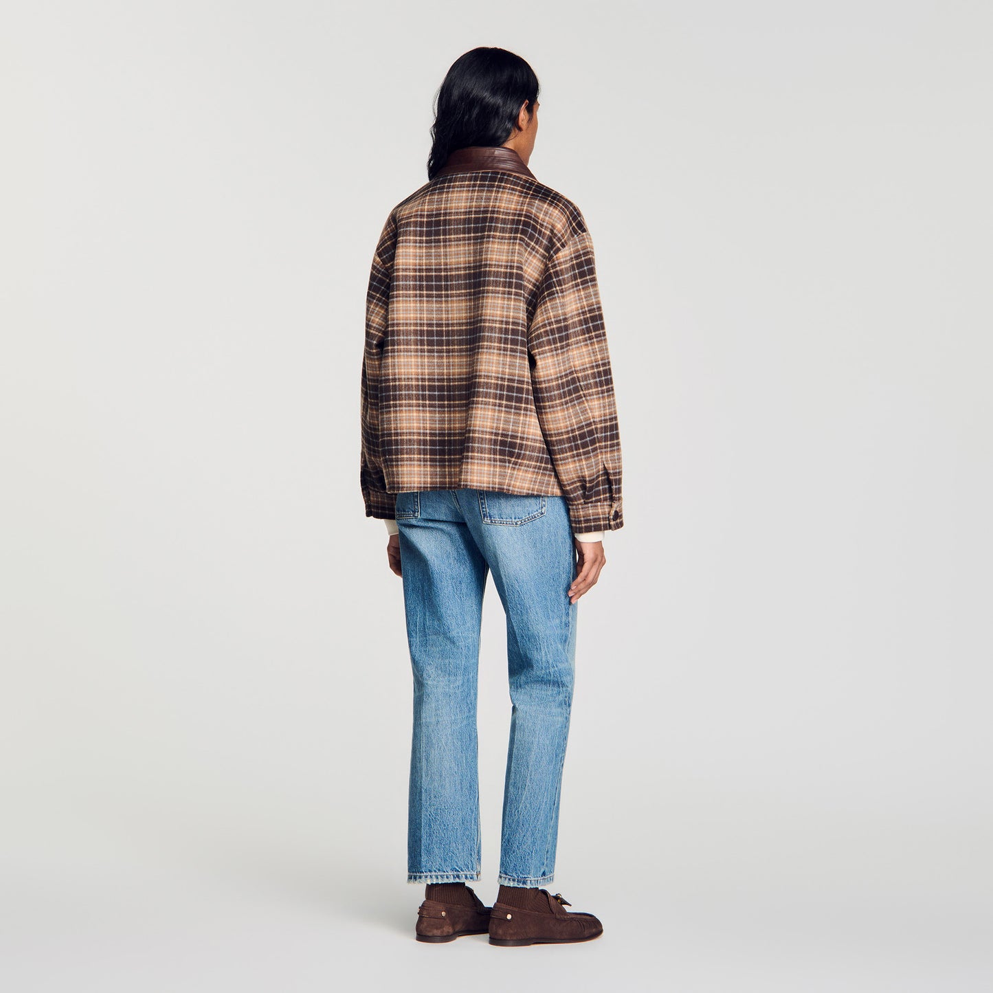 Mystic Check coat with leather collar Brown