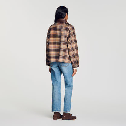 Mystic Check coat with leather collar Brown