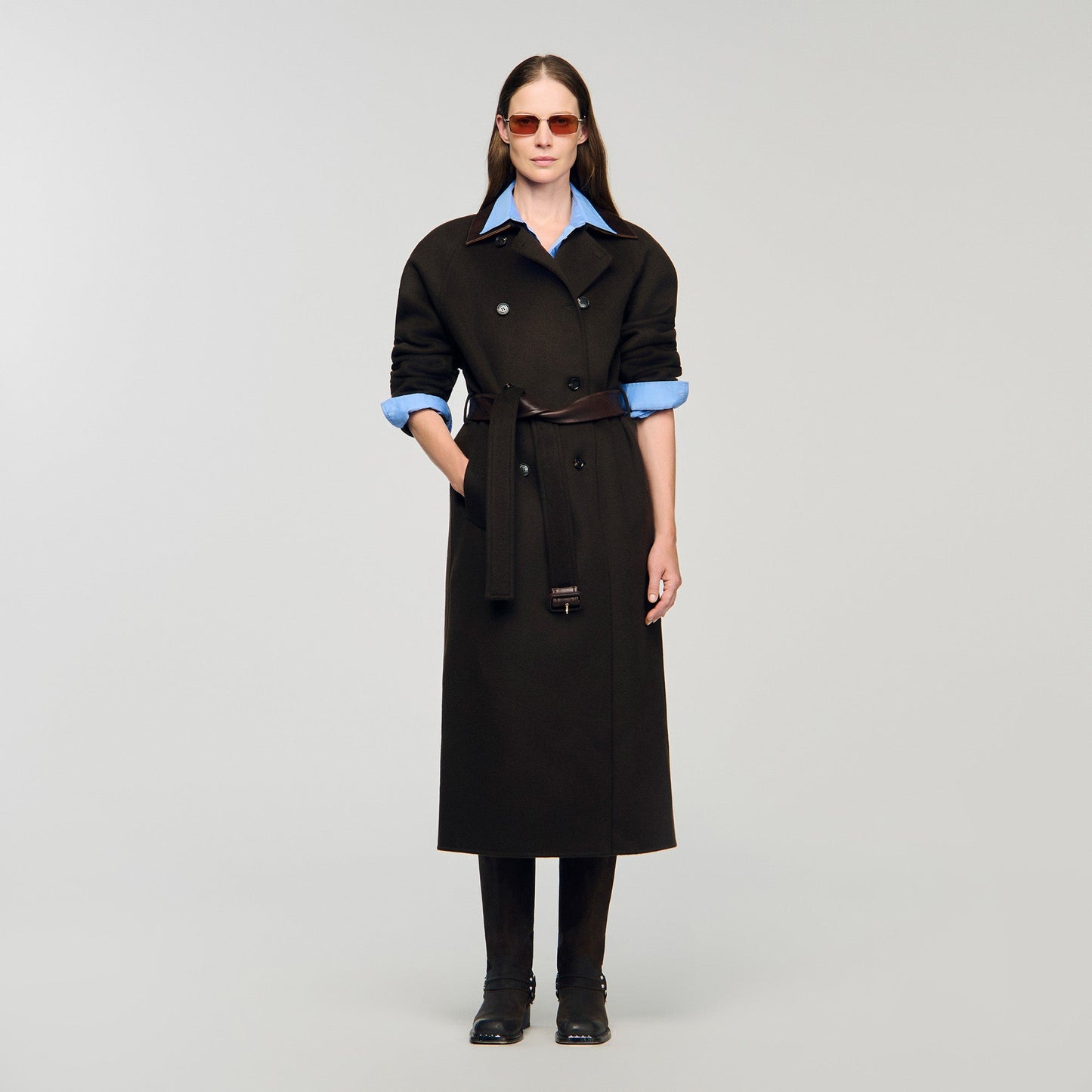 Emilien Long Wool And Leather Coat Brown