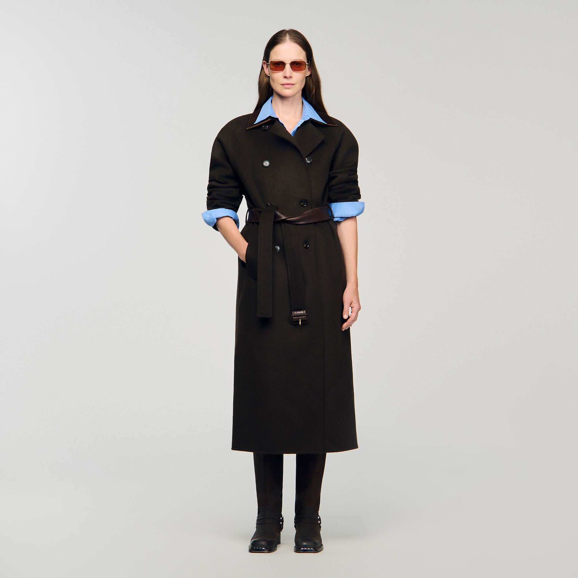 Emilien Long Wool And Leather Coat Brown