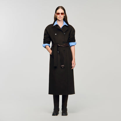 Emilien Long Wool And Leather Coat Brown