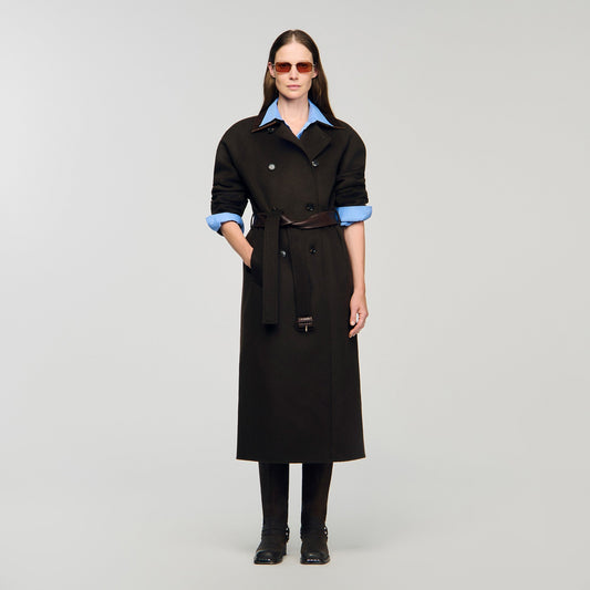Emilien Long Wool And Leather Coat Brown