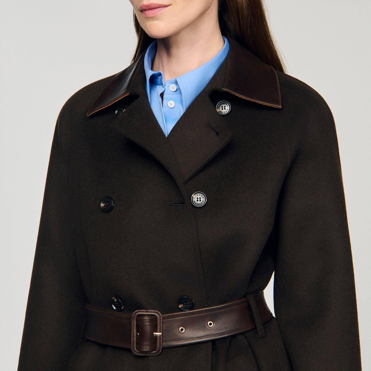 Emilien Long Wool And Leather Coat Brown
