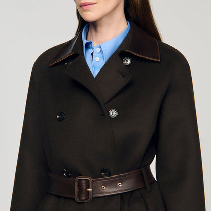 Emilien Long Wool And Leather Coat Brown