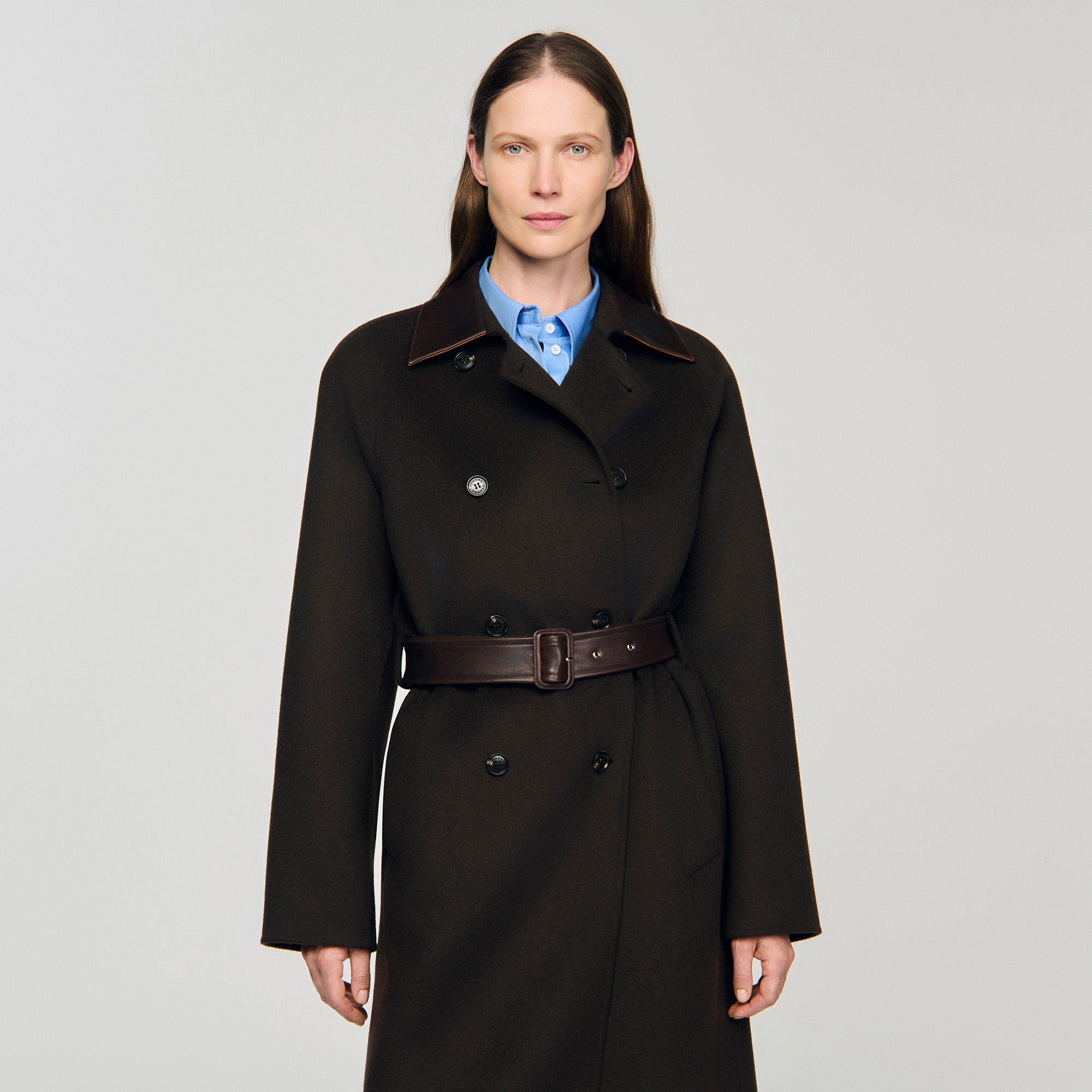 Emilien Long Wool And Leather Coat Brown